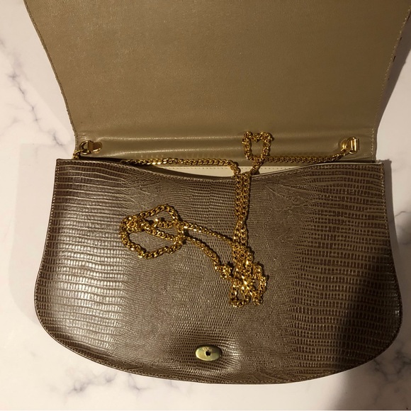 Vintage reptile snake skin leather lining clutch, shoulder bag with gold chain - Picture 11 of 11
